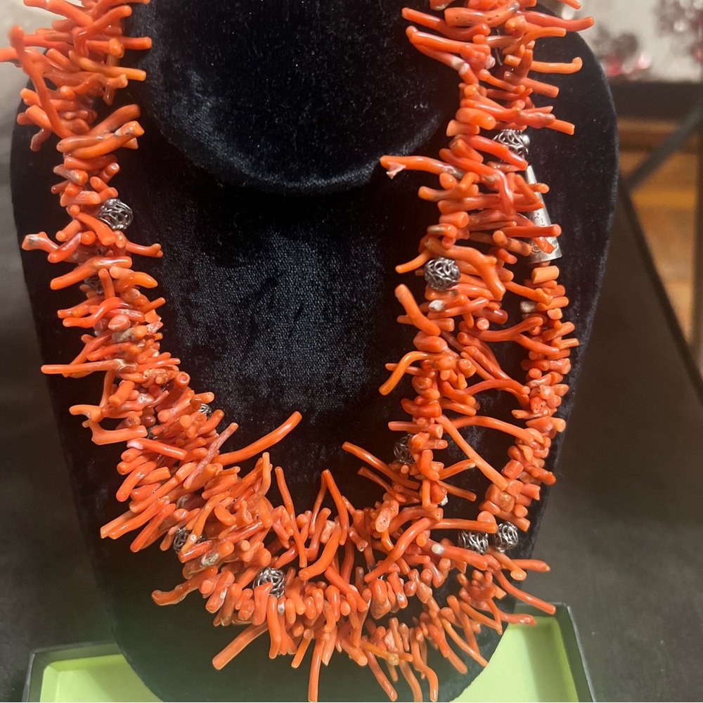 Vintage Navajo Sterling & Orange Coral Multi Strand Necklace Size 36”inches